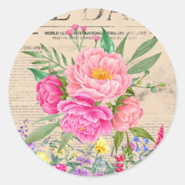 Roze Rozen, Bloemen Waterverf,  krant Ronde Sticker