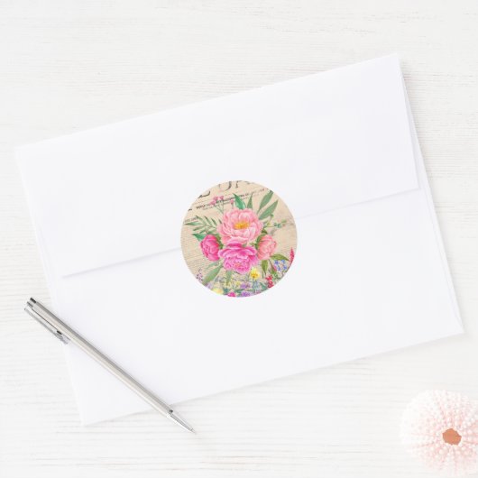 Roze Rozen, Bloemen Waterverf, krant Ronde Sticker (Envelop)