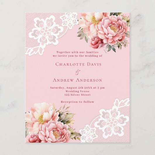 Roze rozen bloemen witte kant bruiloft uitnodiging (Voorkant)