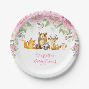 Roze Rozen Bloemen Woodland Baby shower 7" Bord