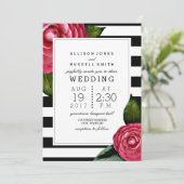 Roze Rozen Bloemen Zwart + Witte Streep Huwelijk Kaart (Staand voorkant)