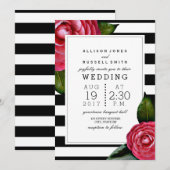 Roze Rozen Bloemen Zwart + Witte Streep Huwelijk Kaart (Voorkant / Achterkant)