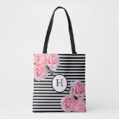 Roze rozen bloemen zwart witte strepen monogram tote bag (Voorkant)