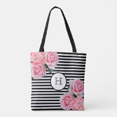 Roze rozen bloemen zwart witte strepen monogram tote bag (Achterkant)