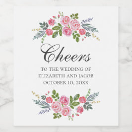 Roze rozen.  bloemenbruiloft kalligrafie wijn etiket