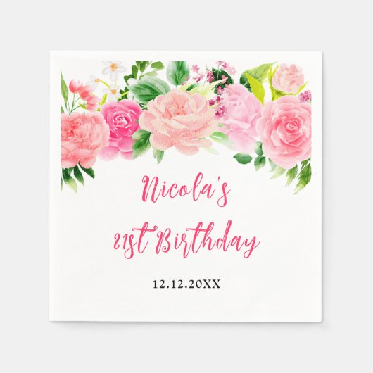 Roze Rozen Bloemengeburtstag Servet (Voorkant)