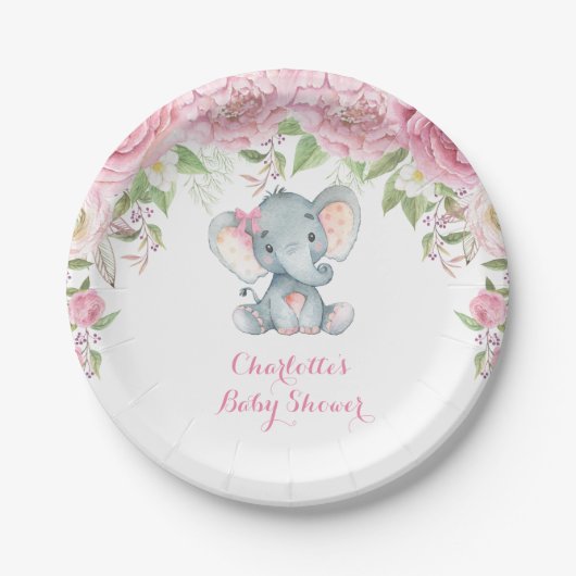 Roze Rozen Bloemenolifant Baby shower 7" Bord (Voorkant)