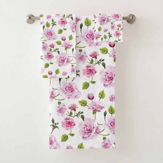 Roze Rozen Bloemenprint Bad Handdoek (Insitu)