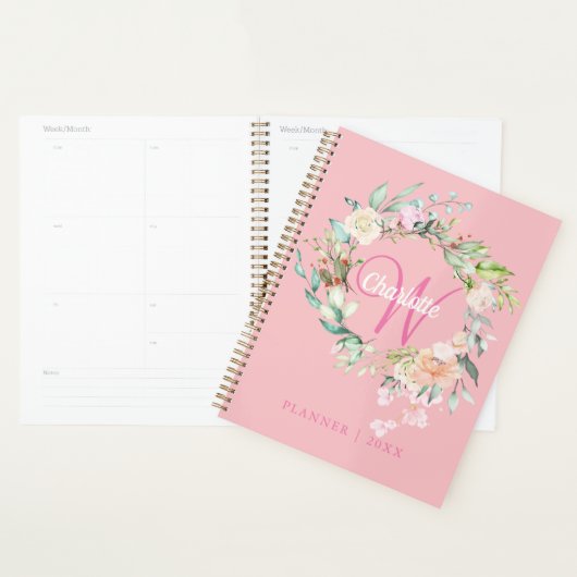 Roze rozen bloemenscript monogram 2023 planner (Display)