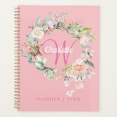 Roze rozen bloemenscript monogram 2023 planner (Voorkant)