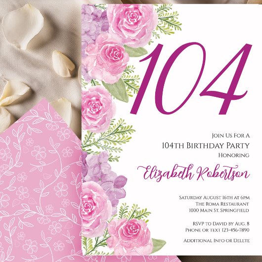 Roze rozen bloemensjabloon 104e verjaardag kaart
