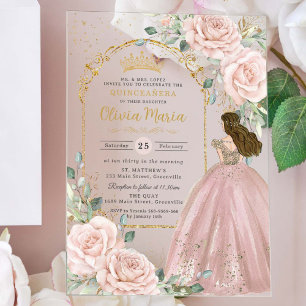 Roze Rozen Bloemig Gouden Quinceañera Sweet 16 Acryl Uitnodigingen