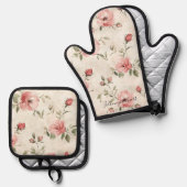 Roze Rozen Bloemig Ovenwant & Pannenlap Set (Voorkant / Achterkant)