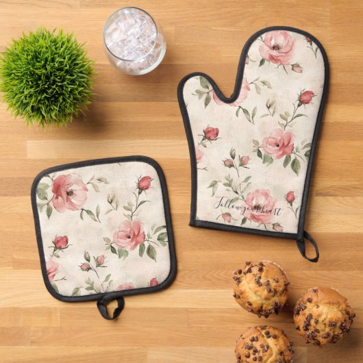 Roze Rozen Bloemig Ovenwant & Pannenlap Set (Top down)