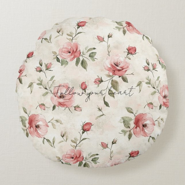 Roze Rozen Bloemig Rond Kussen (Voorkant)