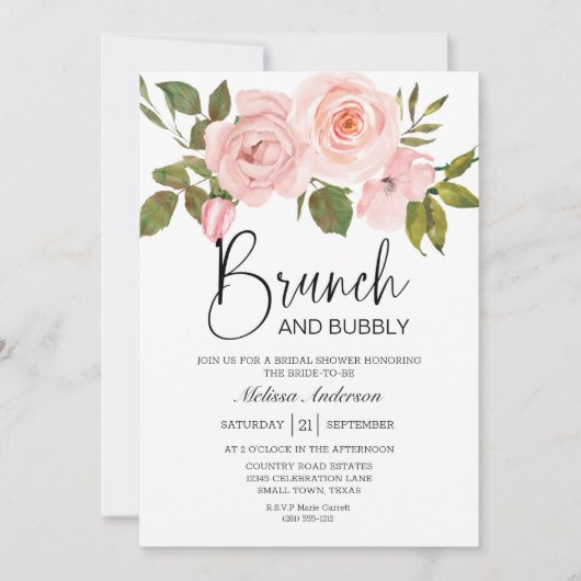 Roze Rozen Bloemige Bruids Brunch Uitnodiging (Voorkant)