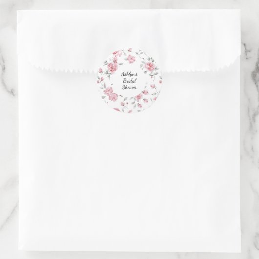 Roze Rozen Bloemige Bruiloft Borrel Ronde Sticker (Tas)
