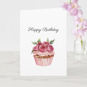 Roze Rozen Bloemige Cupcakes Verjaardag Kaart