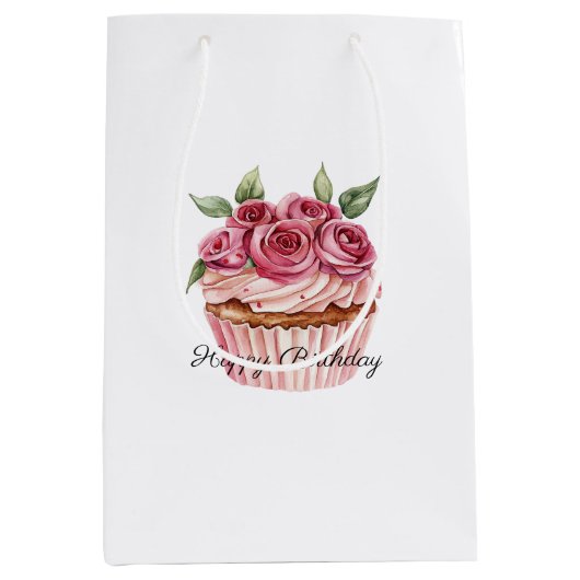 Roze Rozen Bloemige Cupcakes Verjaardag Medium Cadeauzakje (Voorkant)