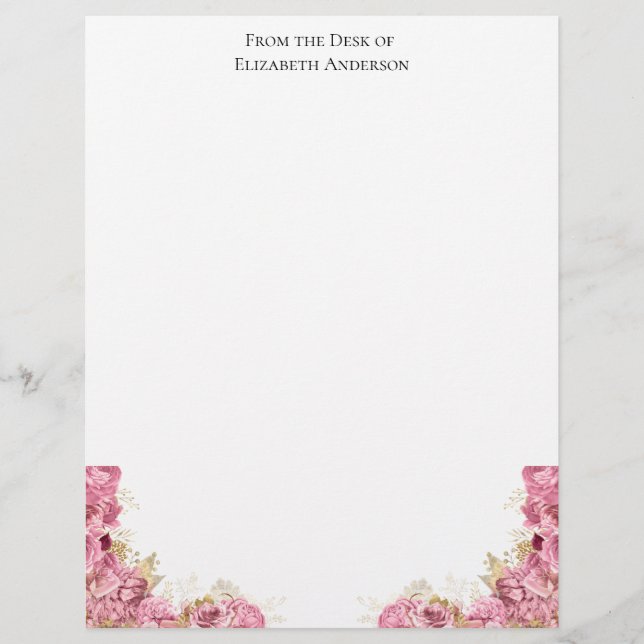 Roze Rozen Bloemige Elegante Gepersonaliseerde Bri Briefhoofd (Voorkant)