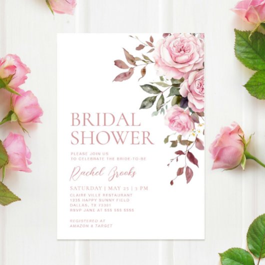 Roze Rozen Bloemige Groene Bruiloft Feest Kaart