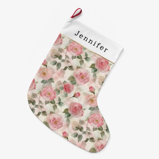 Roze Rozen Bloemige Kerst Grote Kerstsok (Voorkant (Hangend))