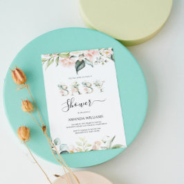 Roze Rozen Bloemige Letters Baby Shower Uitnodigin Kaart