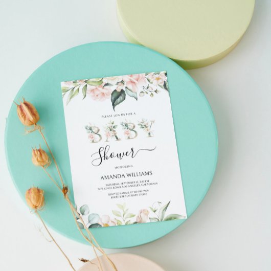 Roze Rozen Bloemige Letters Baby Shower Uitnodigin Kaart