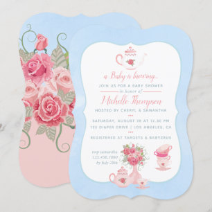 Roze rozen bloemige theeparty baby shower uitnodig kaart