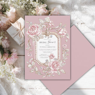 Roze rozen bloemige vintage bruiloftsdouche kaart