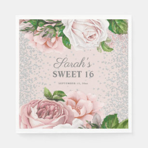 Roze Rozen Bloemige Zilveren Glitter Sweet 16 Servet