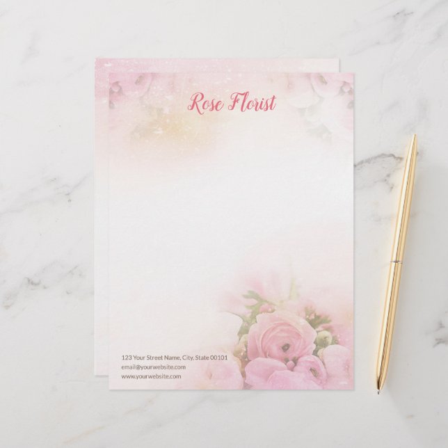 Roze Rozen Bloemist Letterhead Briefhoofd (Voorkant / Achterkant in situ)