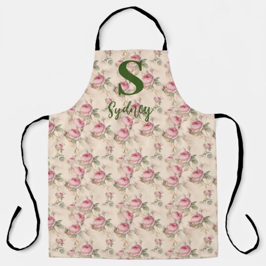 Roze rozen bloemkeuken schort aangepaste monogram (Voorkant)