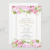 Roze Rozen Bloemstuk Eerste Heilige Communie Kaart (Voorkant / Achterkant)