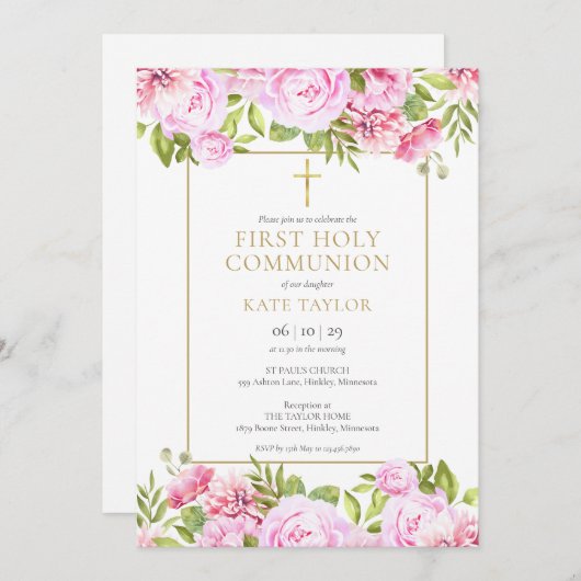 Roze Rozen Bloemstuk Eerste Heilige Communie Kaart (Voorkant / Achterkant)