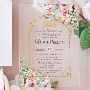 Roze Rozen Bloemstuk Gouden Quinceañera Sweet 16 Acryl Uitnodigingen