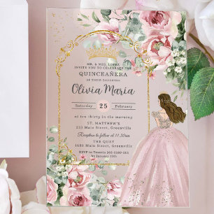 Roze Rozen Bloemstuk Gouden Quinceañera Sweet 16 Acryl Uitnodigingen