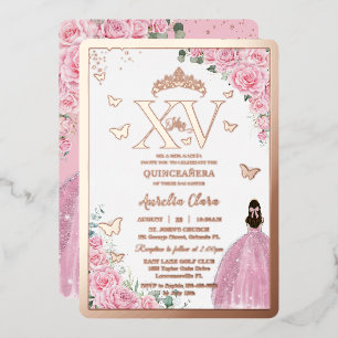 Roze Rozen Bloemstuk Quinceanera Roze Goud Folie Uitnodiging