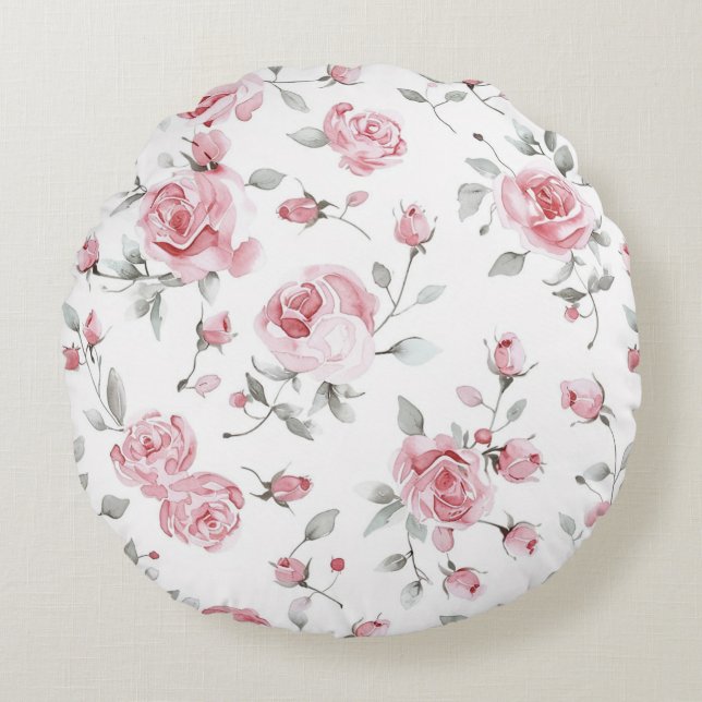 Roze Rozen Bloemstuk   Rond Kussen (Voorkant)