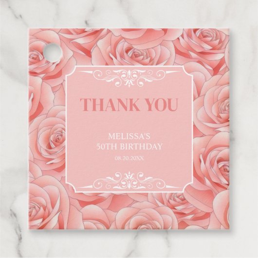 Roze Rozen Bloesem Bloemen Verjaardag Dank u Bedankjes Labels (Voorkant)