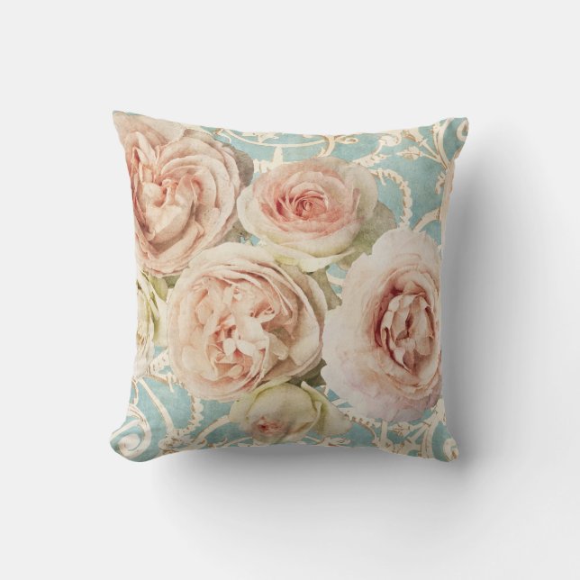Roze Rozen Blue Damask Buitenkussen (Voorkant)