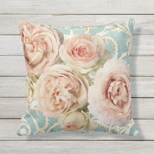 Roze Rozen Blue Damask Buitenkussen