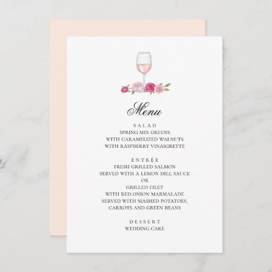 Roze rozen. Blush bloemen en wijn. Bloemenbruiloft Menu (Voorkant / Achterkant)