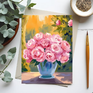 Roze Rozen Boeket   Aquarel Bloemenvaas Briefkaart