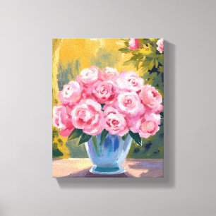 Roze Rozen Boeket Aquarel Bloemenvaas Canvas Afdruk