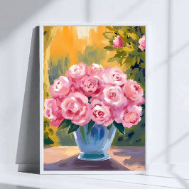 Roze Rozen Boeket | Aquarel Bloemenvaas Poster