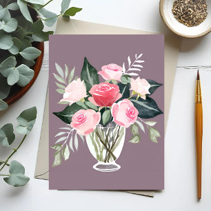 Roze Rozen Boeket   Bloemige Vrouwelijke Waterverf Briefkaart