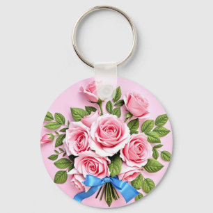 Roze Rozen Boeket Lint Illustratie Sleutelhanger