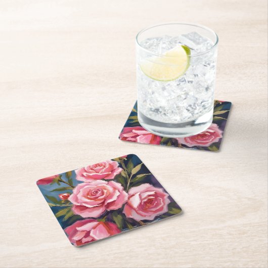 Roze Rozen Boeket Schilderij Kartonnen Onderzetters (Insitu)