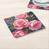 Roze Rozen Boeket Schilderij Kartonnen Onderzetters (Schuin)